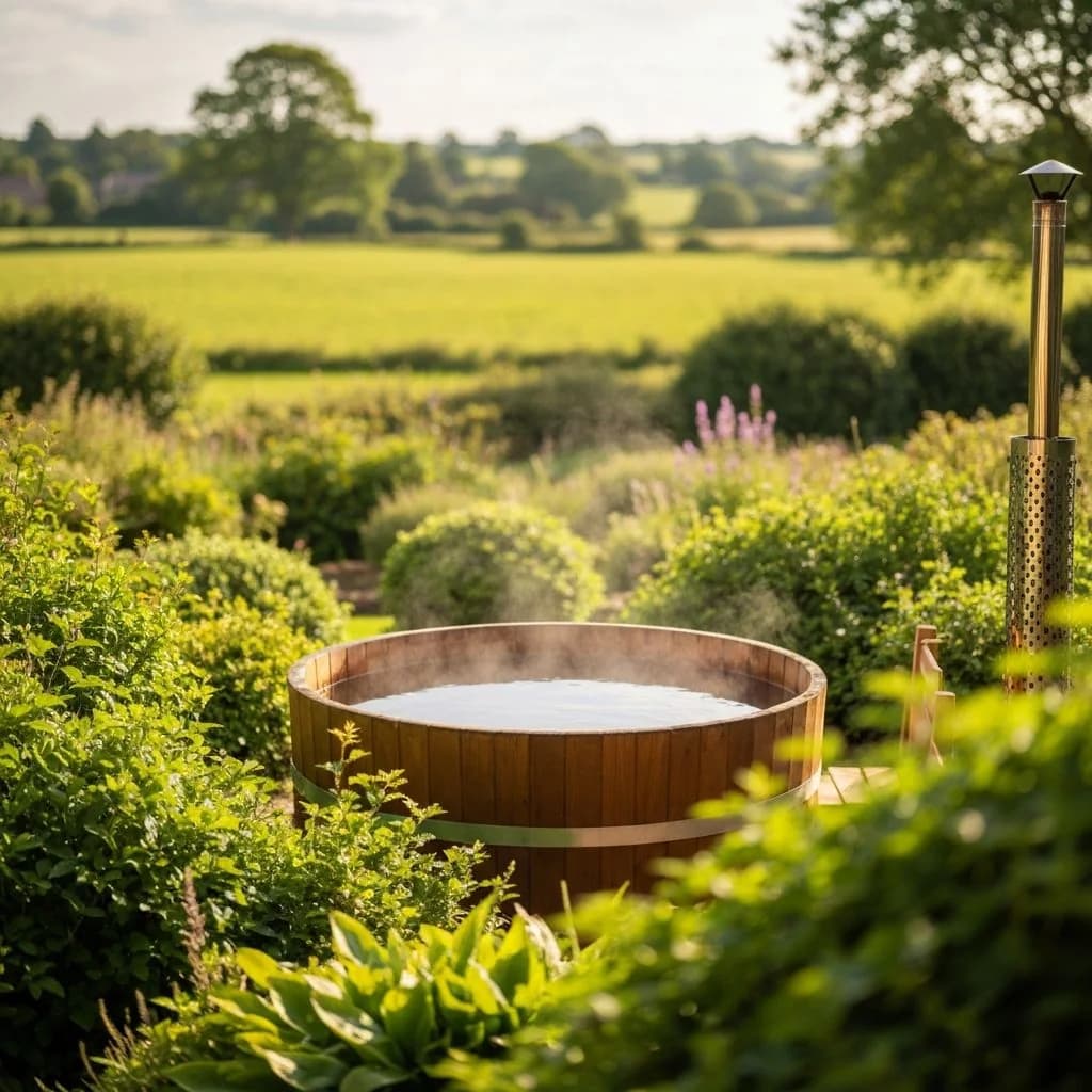 A bubbling wood-fired hot tub in the garden at Upper Court